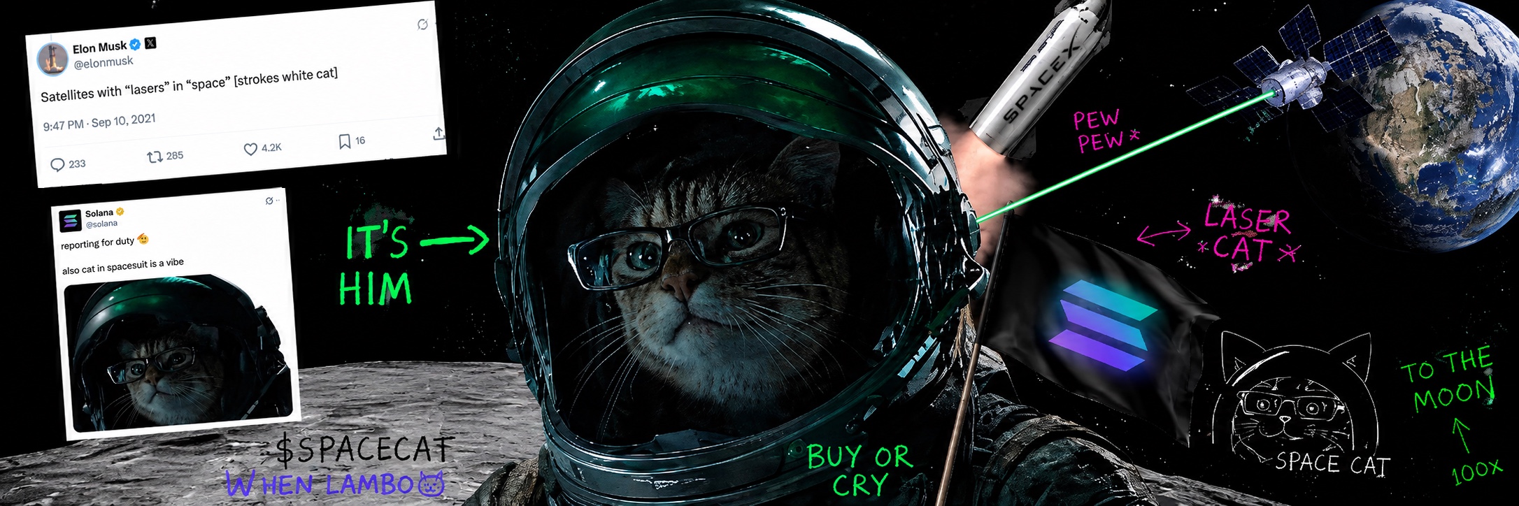 Spacecat on the moon with Elon Musk and Solana posts, a SpaceX rocket, Solana flag, laser satellite, Earth, and hand-drawn meme notes